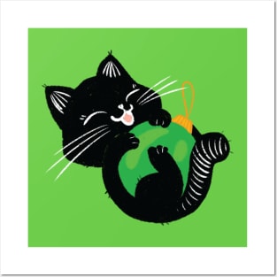 Cute black kitten with green ball Posters and Art